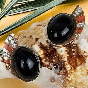 Vintage Erte Soleil Noir Earrings Ltd Edition 14K Diamonds Onyx Coral Sterling